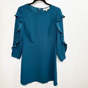 LOFT Dark Teal Blue Ruffle Sleeve Shift Dress Women’s Size 4 NEW